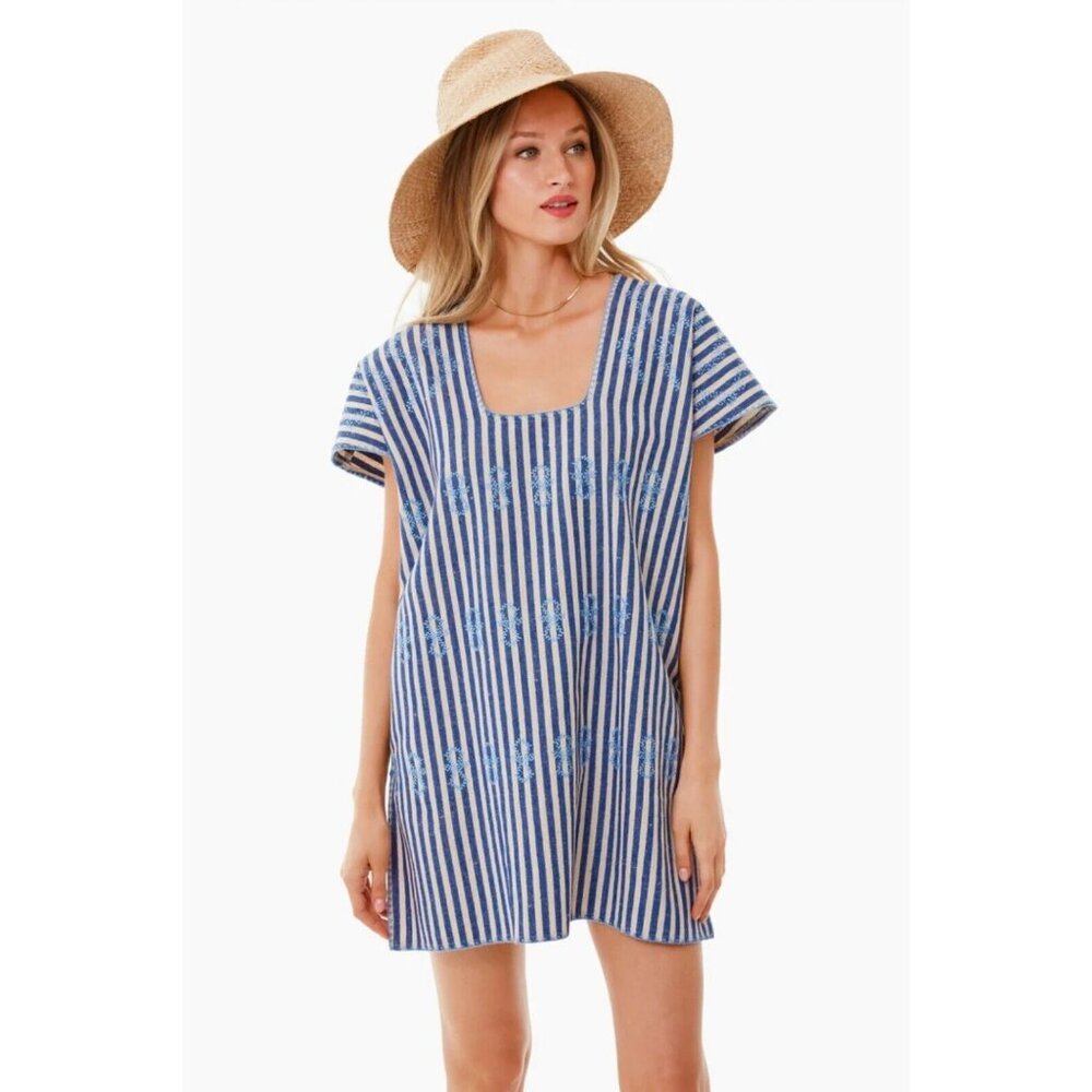 Tuckernuck Mini Sullivan Blue White Stripe Embroidered Canvas Caftan S
